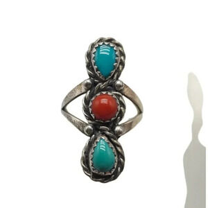 Vintage Sterling Silver Ring With Blue Turquoise Red Coral Gemstone Size 5.25
